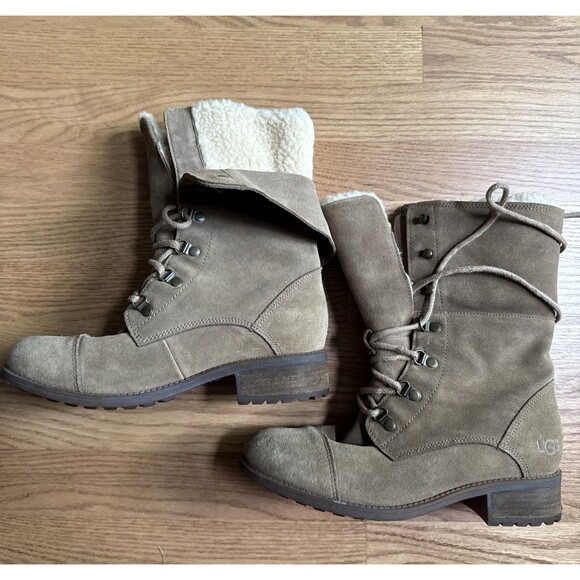 Ugg Gradin Boots Leather Women’s 8.5 Combat Lace Up Fold Down Sherpa - Picture 2 of 8